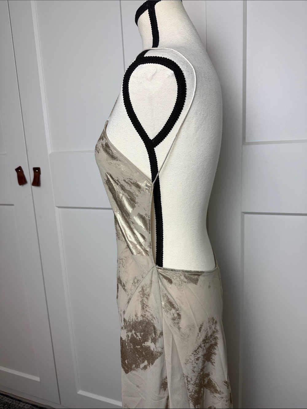 Backless low back Metallic Gold foil Slip Maxi Dress - Picture 3 of 8